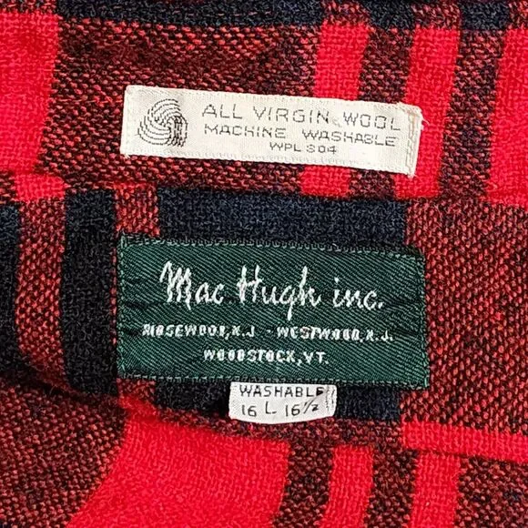 Vtg Mac Hugh Mens Virgin Wool Plaid 1/2 Zip Shirt Red Black Washable L/16-16.5 - Picture 6 of 8